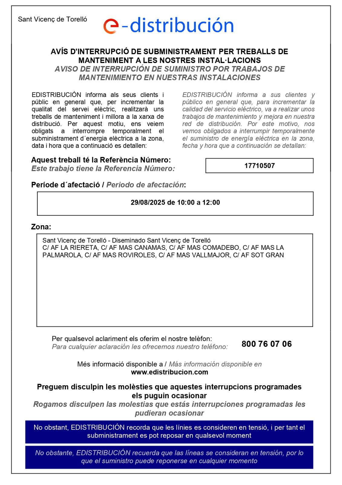 TALLS EN EL SUBMINISTRAMENT EL&Egrave;CTRIC